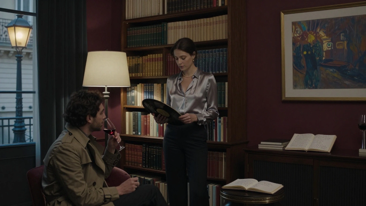 A well-read woman in a Paris apartment stands near bookshelves, holding a vinyl record as a client sips wine nearby.