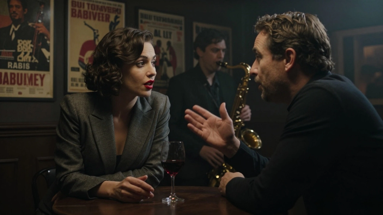 A woman listens intently to a client in a dimly lit Paris jazz bar, both immersed in quiet conversation.