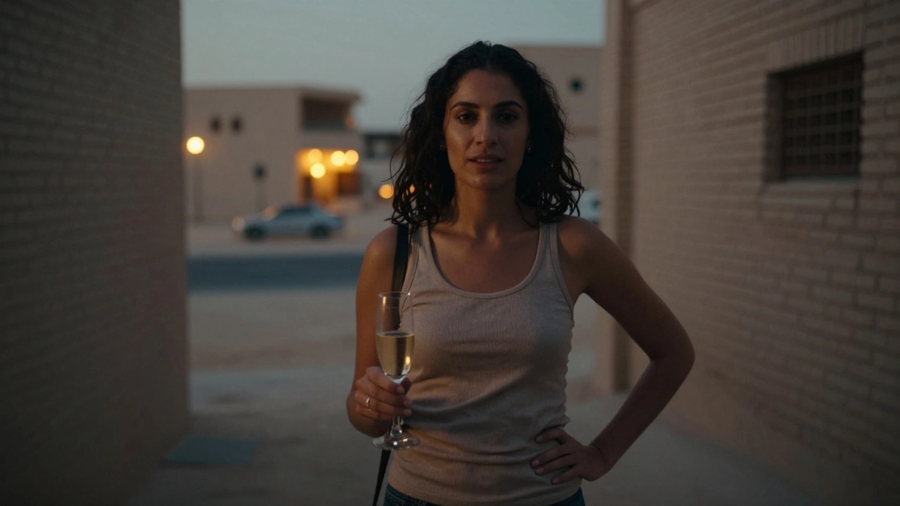 Figure in desert alley at dusk, holding champagne, city lights blurred behind her, confident posture.