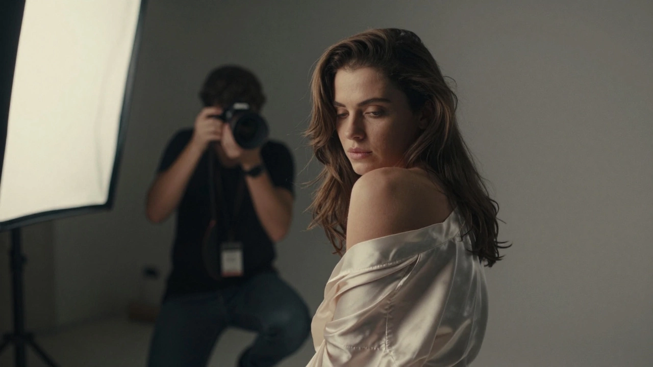 Subject in silk robe, turned slightly, captured by photographer with soft lighting and intimate expression.