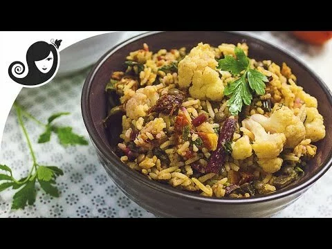 Harissa Spiced Tomato Fried Rice with Beet Greens and Lentils (vegan / vegetarian recipe)